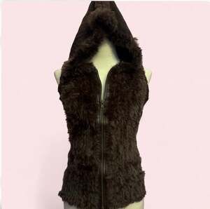 BCBGMAXAZRIA Brown Knit & Rabbit Fur Hooded Zip-Up Sweater Vest